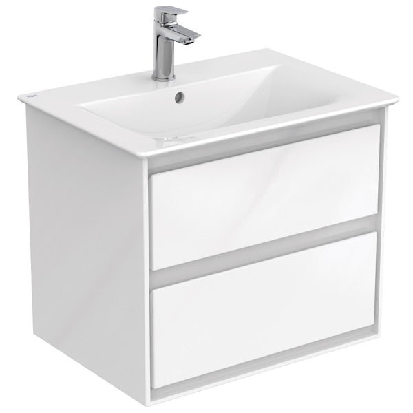 Ideal Standard Concept Air gloss and matt white vanity unit with open back close coupled toilet