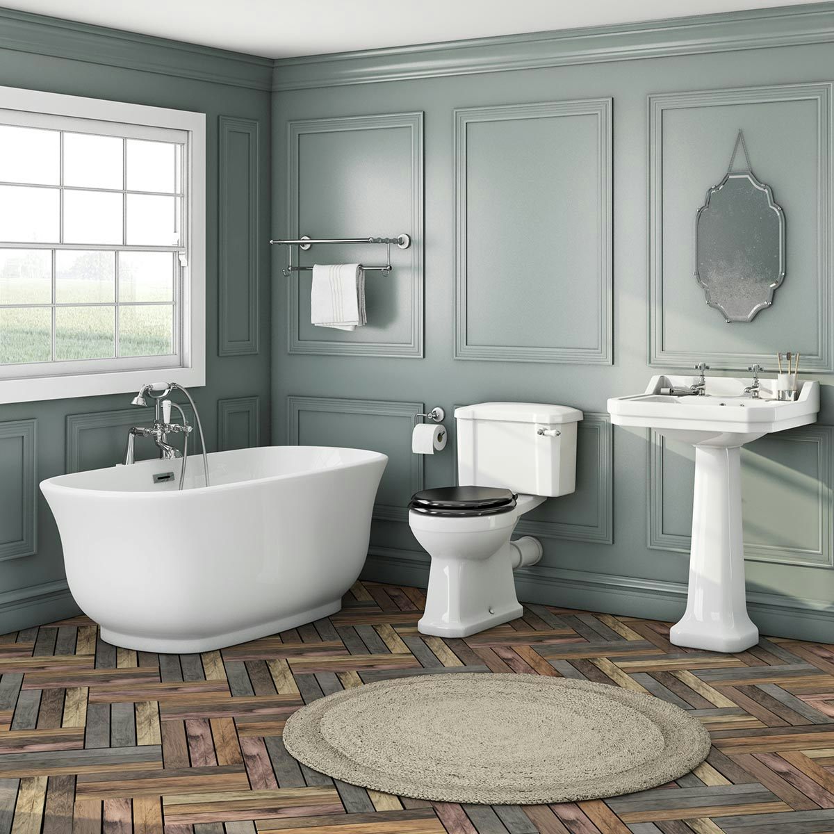 The Bath Co. Camberley freestanding bath suite with black seat