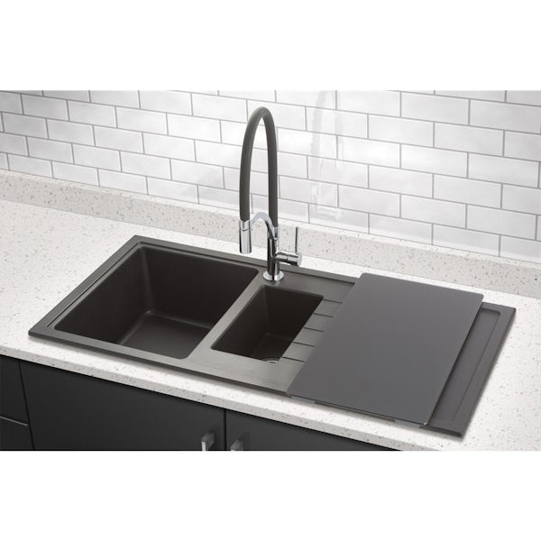 Schon Windermere universal 1.5 deep bowl black granite kitchen sink with waste