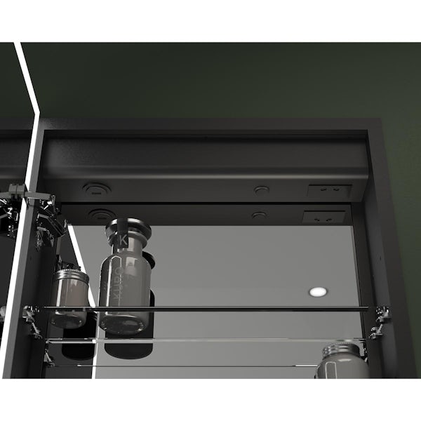 Mode Venturi black LED recessed mirror cabinet 700x500 with demister, USB charging & shaver socket