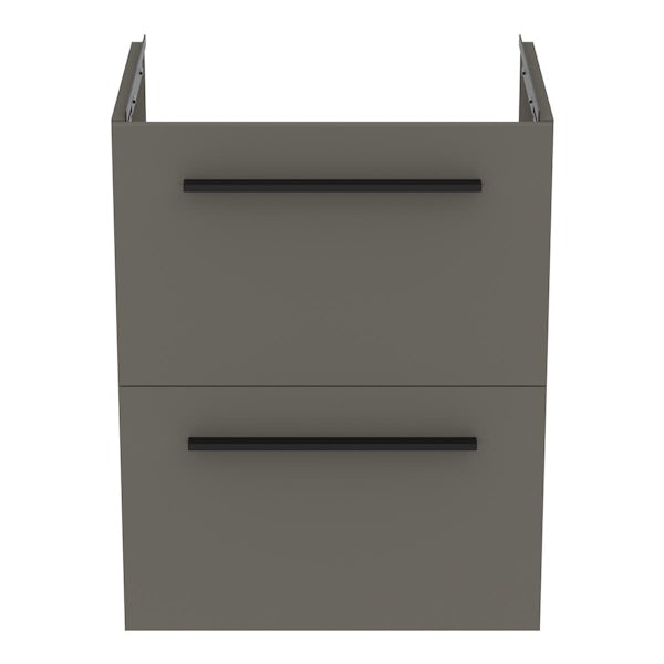 Ideal Standard i.life S quartz grey matt wall hung vanity unit with 2 drawers and black handles 500mm