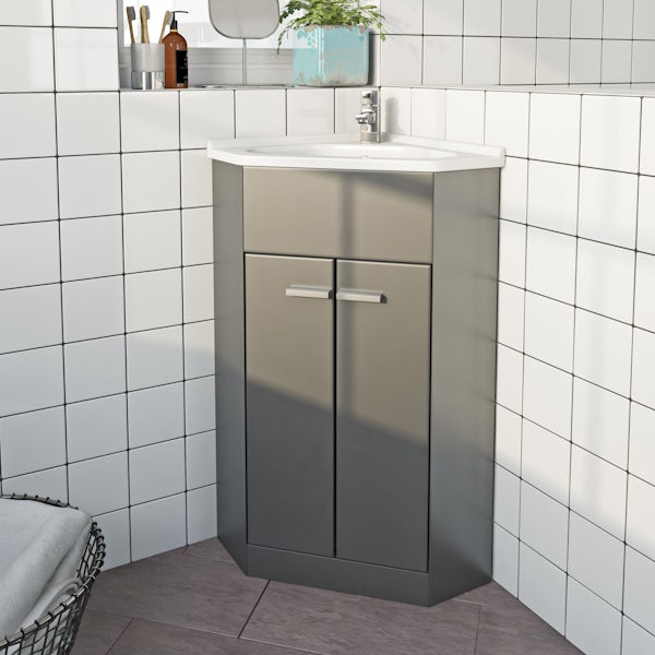 Clarity Compact Satin Grey Corner, Vanity Units For Small Toilets