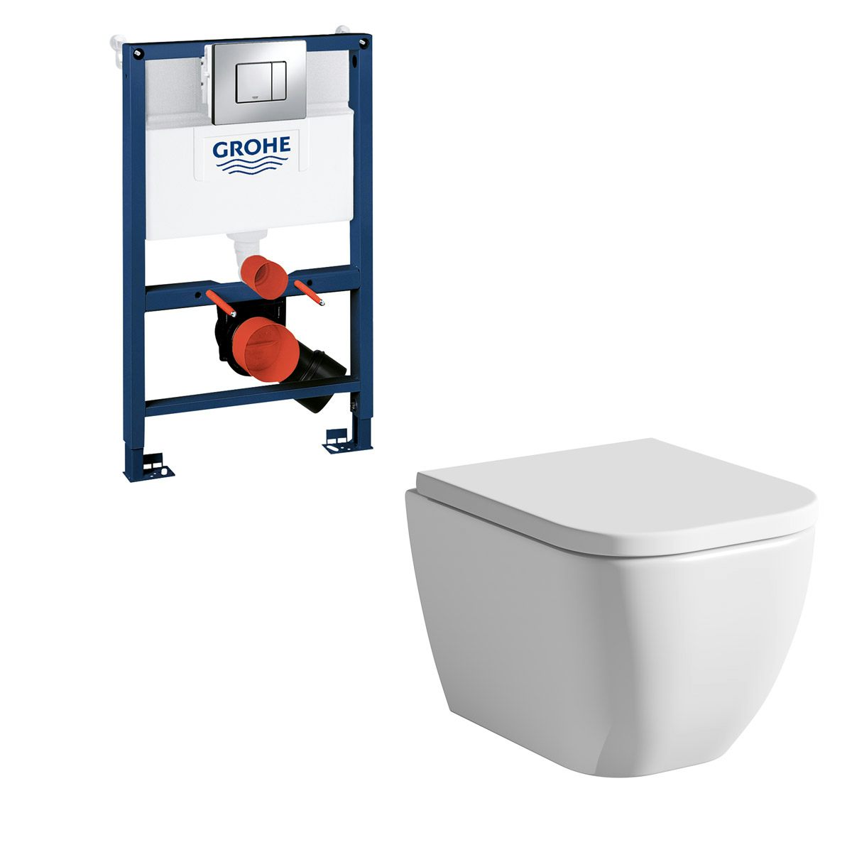 Mode Ellis short projection wall hung toilet, Grohe frame and Skate Cosmopolitan push plate 0.82m