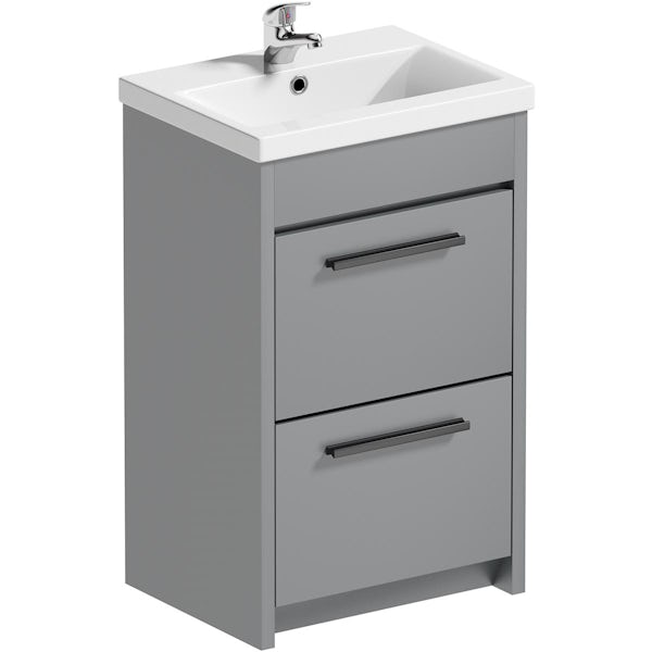 Clarity satin grey floorstanding vanity unit and ceramic basin 510mm with tap and black handles
