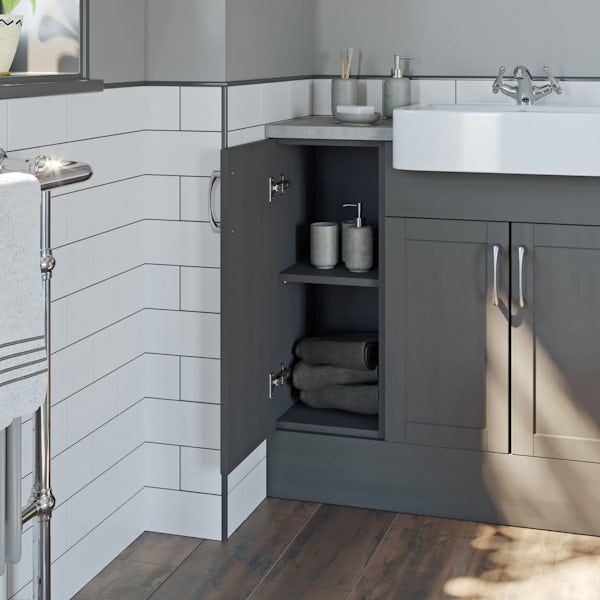 The Bath Co. Newbury dusk grey small fitted furniture & mirror combination with pebble grey worktop