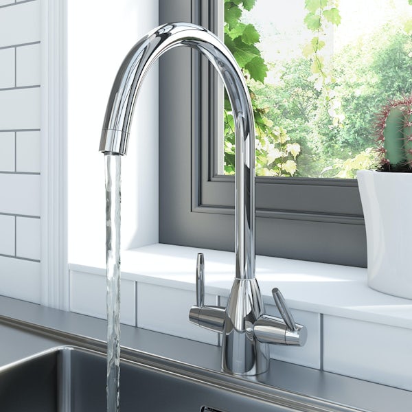 Schon Otranto Cobblestone grey 1.5 bowl right hand kitchen sink with Schon dual lever kitchen tap