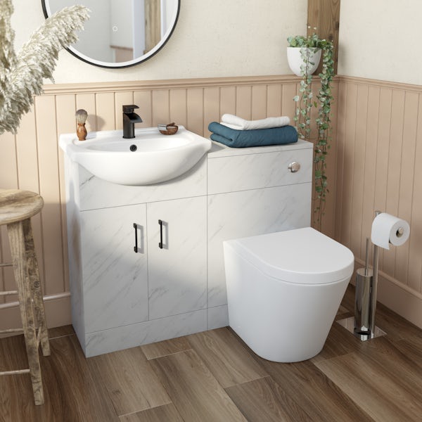 Orchard Lea marble furniture combination with black handle and Contemporary back to wall toilet with seat