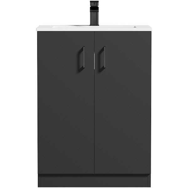 Orchard Lea soft black floorstanding vanity unit with black handle 600mm and Derwent square close coupled toilet suite