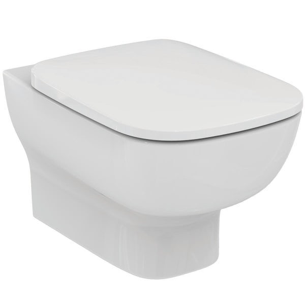 Ideal Standard Studio Echo wall hung toilet with soft close seat, frame, cistern and Solea black dual flushplate