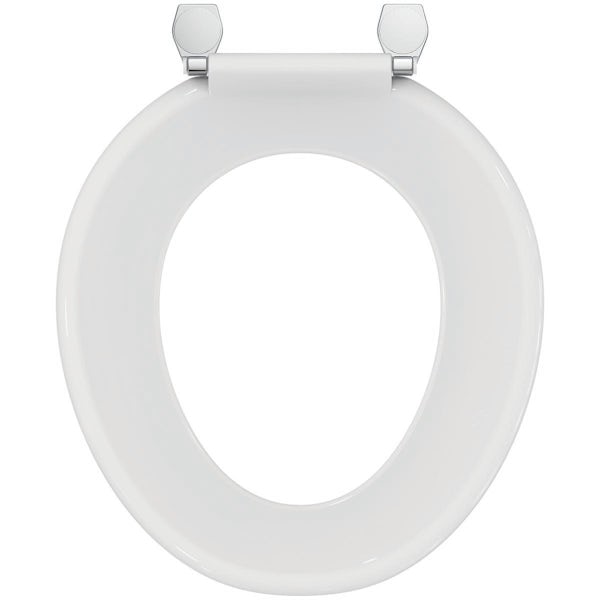 Armitage Shanks Bakasan white toilet seat with stainless steel rod and chrome plated pillar hinges - no cover