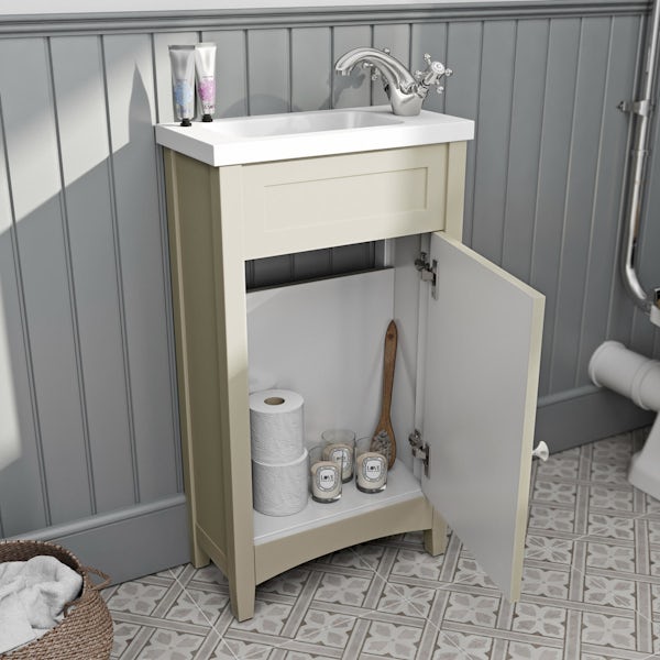 The Bath Co. Camberley satin ivory cloakroom floorstanding vanity unit and basin 460mm