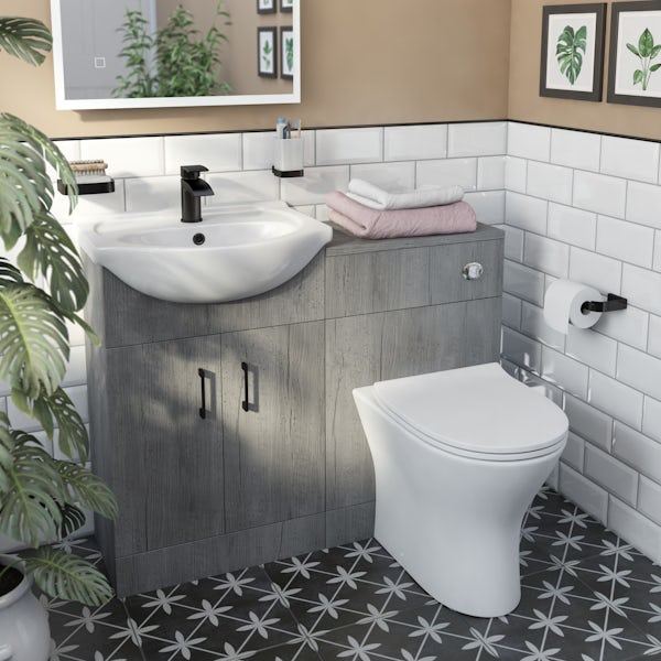 Orchard Lea concrete furniture combination with black handle and Derwent round back to wall toilet with seat