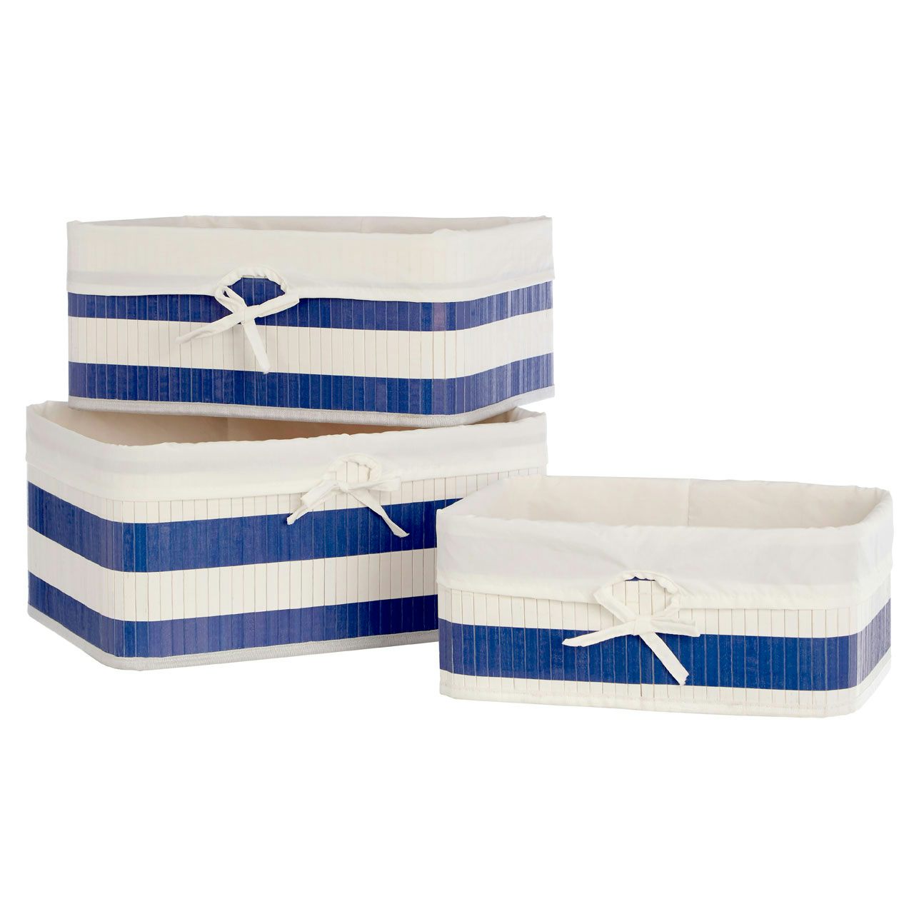 Accents Set of 3 Natural bamboo white and blue nautical storage baskets