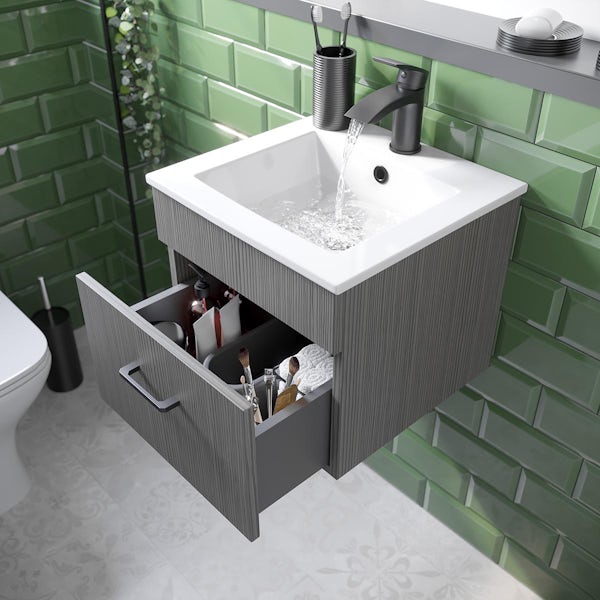 Orchard Lea avola grey wall hung vanity unit with black handle and ceramic basin 420mm