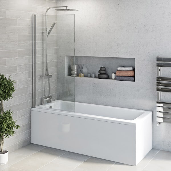 Orchard straight edged shower bath with shower screen, front and end panel