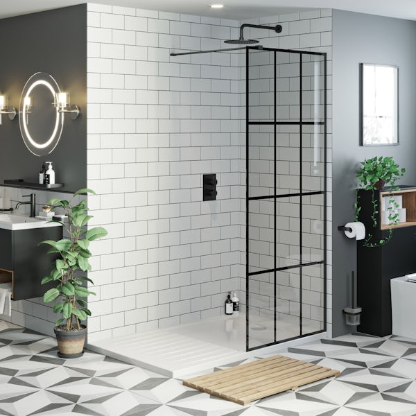 Mode 8mm black framed wet room glass panel with walk in shower tray and twin valve matt black shower set