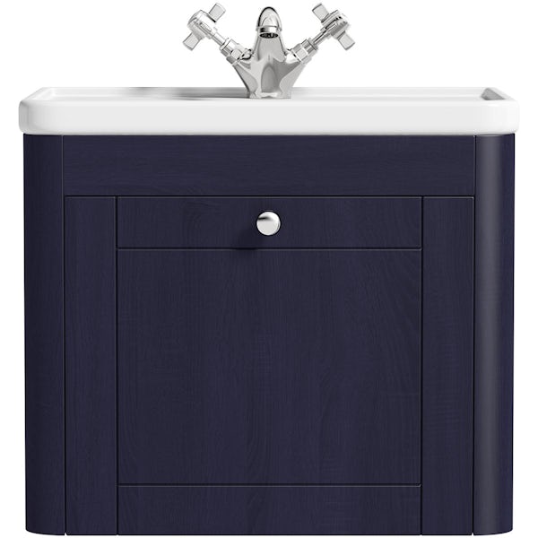 The Bath Co. Beaumont sapphire blue wall hung vanity unit and ceramic basin 500mm with tap
