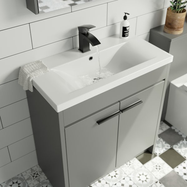 Clarity satin grey floorstanding vanity unit and ceramic basin 760mm with tap and black handles
