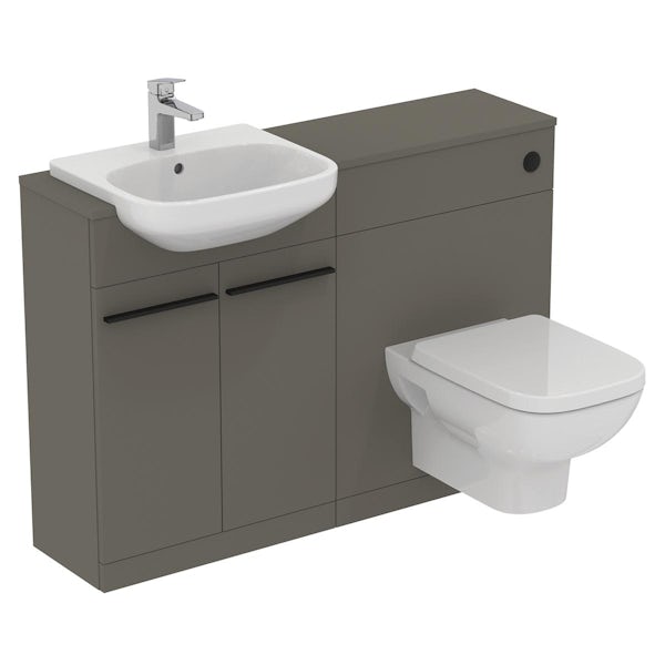 Ideal Standard i.life A matt quartz grey matt combination unit with wall hung toilet, concealed cistern and black handles 1200mm