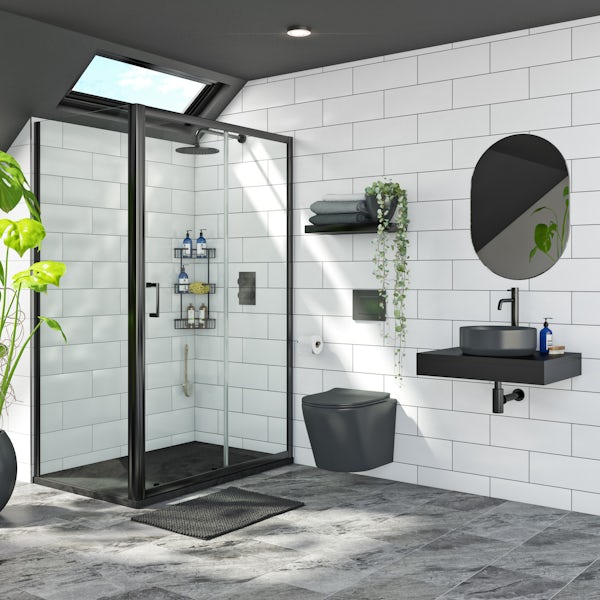 Mode Orion complete bathroom suite with contemporary charcoal grey wall hung toilet and black shower enclosure