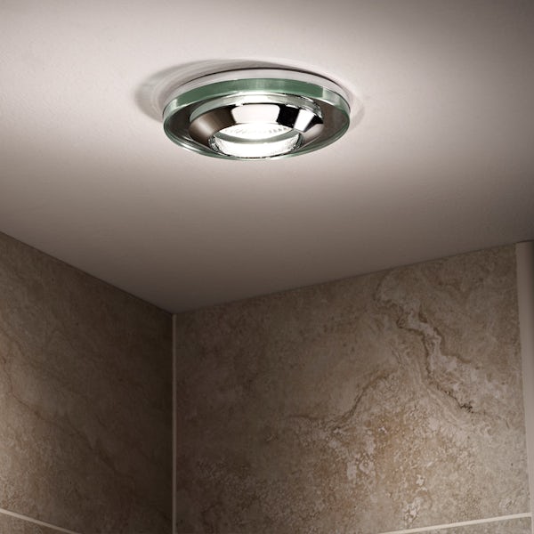 Round glass shower light with dimmable bulb in warm white