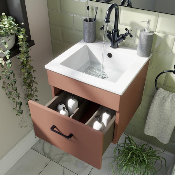 Orchard Lea tuscan red wall hung vanity unit with black handle and ceramic basin 420mm