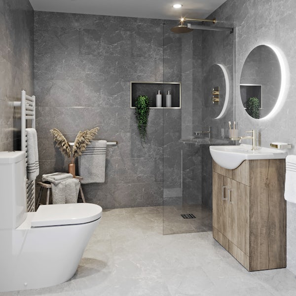 Mode 8mm right handed wet room suite with oak effect vanity unit and close coupled toilet 700mm