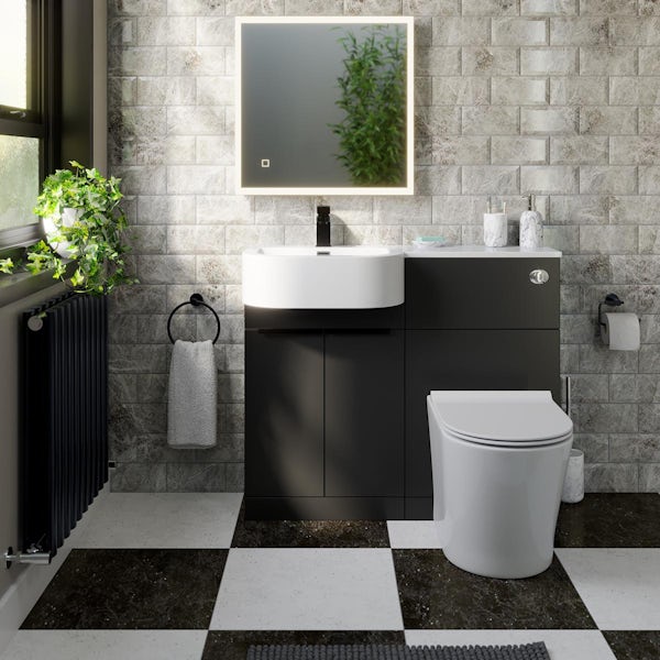 Mode Taw P shape matt black left handed combination unit with black handles and back to wall toilet