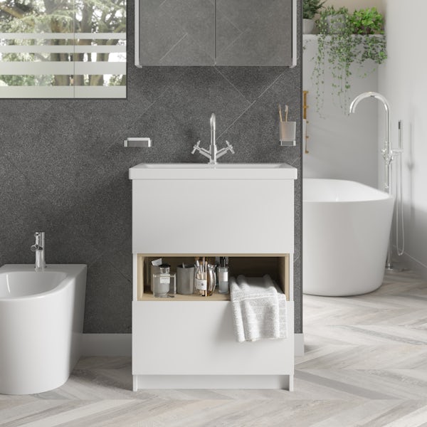Mode Tate II white & oak floorstanding vanity unit and ceramic basin 600mm