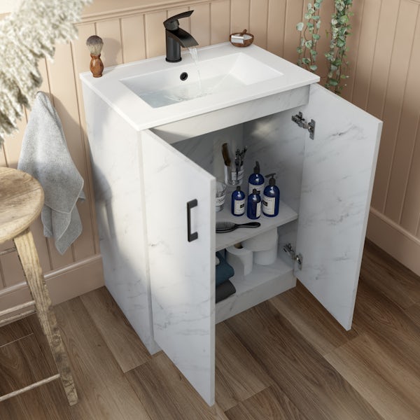 Orchard Lea marble floorstanding vanity unit with black handle and ceramic basin 600mm