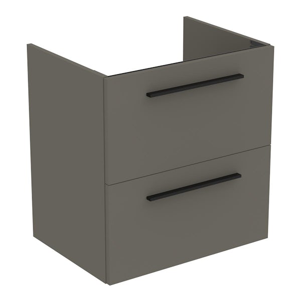 Ideal Standard i.life A quartz grey matt wall hung vanity unit with 2 drawers and black handles 640mm