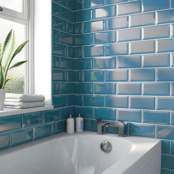 Calcolo Deep Metro blue bevelled gloss wall tile 100mm x 200mm