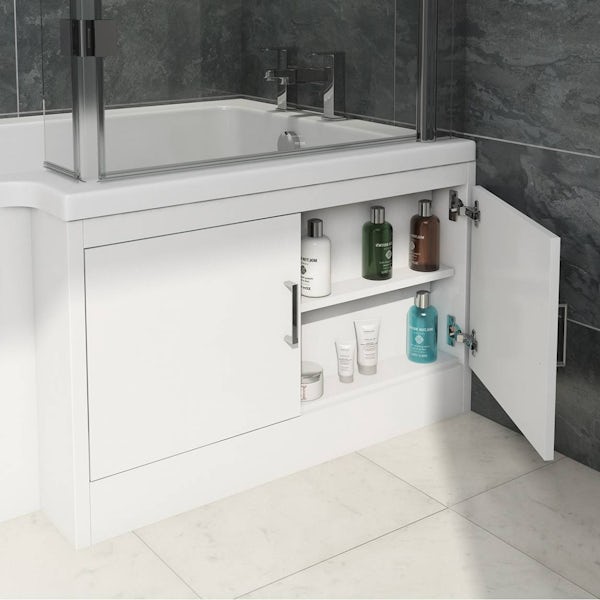 MySpace Water Saving L Shape Shower Bath Right Hand with Storage Panel & 8mm Luxury Hinged Screen with Towel Rail