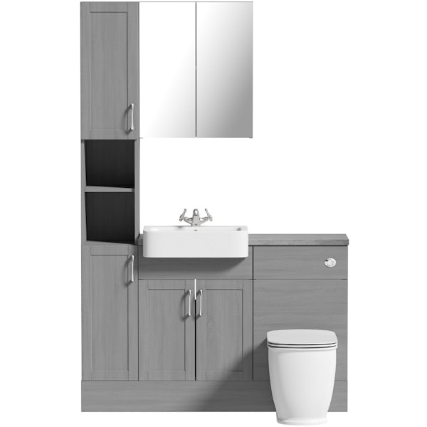 The Bath Co. Newbury dusk grey tall fitted furniture & mirror combination with pebble grey worktop