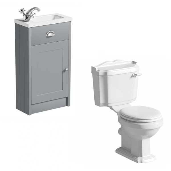 The Bath Co. Dulwich stone grey cloakroom unit with traditional close coupled toilet and white seat