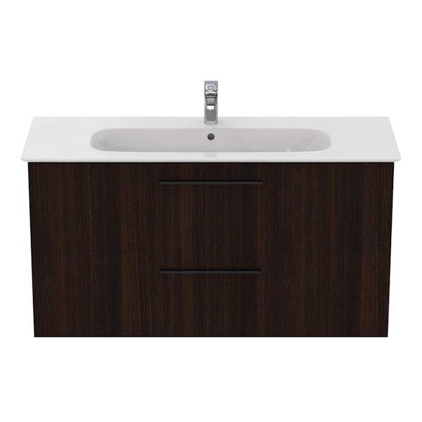 Ideal Standard i.life A coffee oak wall hung vanity unit with 2 drawers and black handles 1240mm