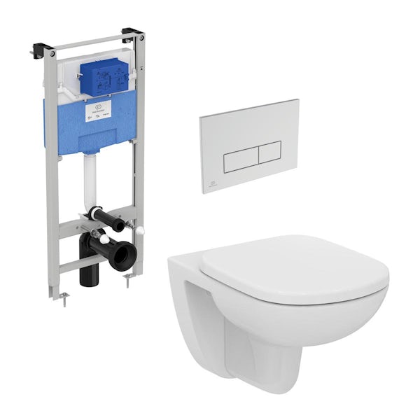 Ideal Standard Tempo wall hung toilet with slow close seat, pneumatic cistern, flush plate and frame