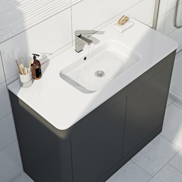 Mode Carter slate gloss grey floorstanding vanity unit and ceramic basin 1000mm with mirror cabinet