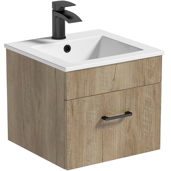 Orchard Lea oak wall hung vanity unit with black handle and ceramic basin 420mm