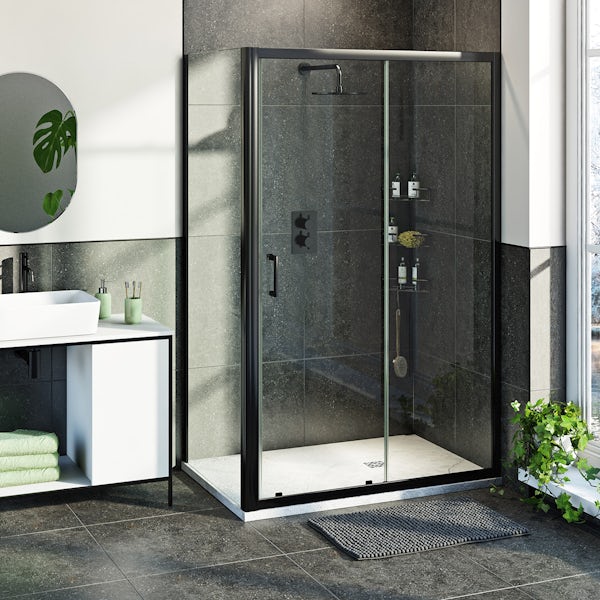 Mode 6mm black framed shower enclsoure bundle with white slate effect shower tray 1200 x 800