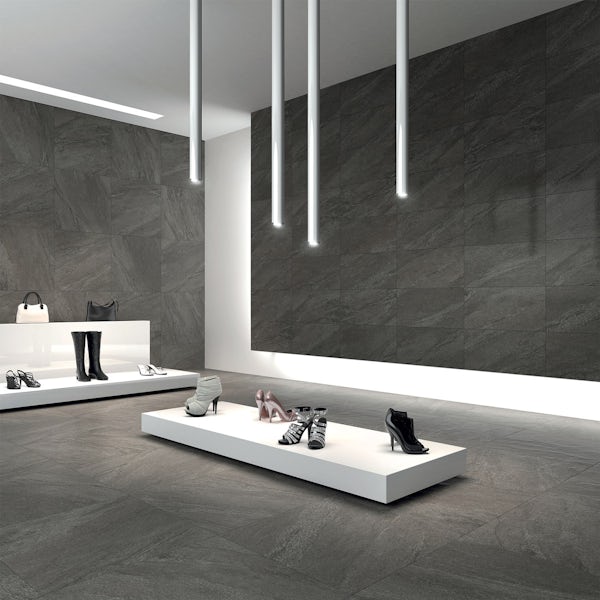Alicura grey stone effect matt wall and floor tile 600mm x 600mm