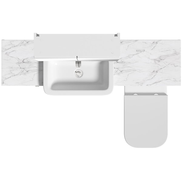 Mode Nouvel gloss white small fitted furniture & mirror combination with white marble worktop