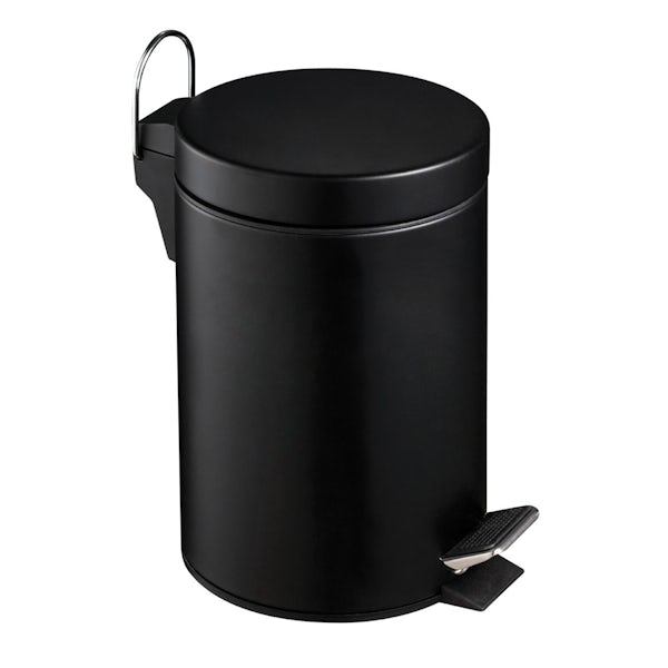 Matte black round 3 litre bathroom pedal bin