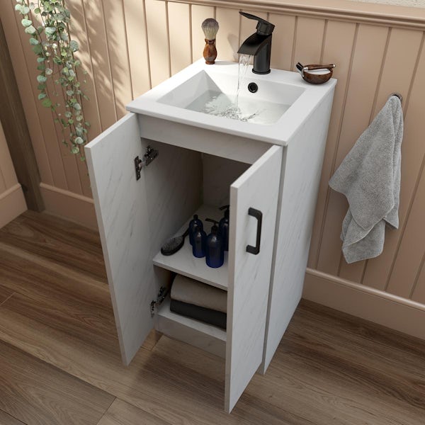 Orchard Lea marble floorstanding vanity unit with black handle and ceramic basin 420mm