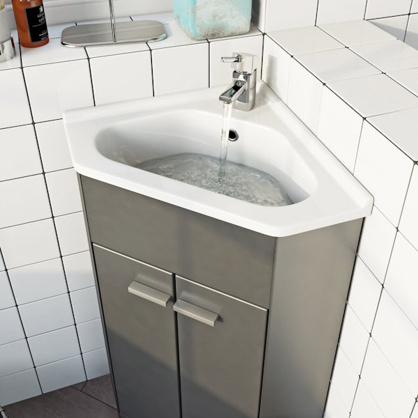Clarity Compact satin grey corner floorstanding vanity unit and ceramic basin 580mm with tap