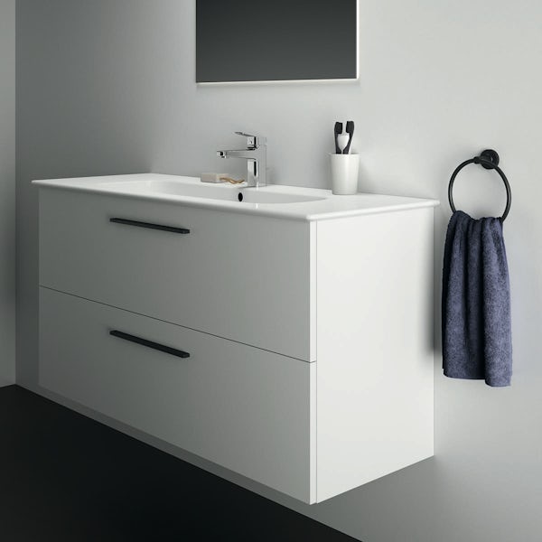 Ideal Standard i.life A matt white wall hung vanity unit with 2 drawers and black handles 1240mm