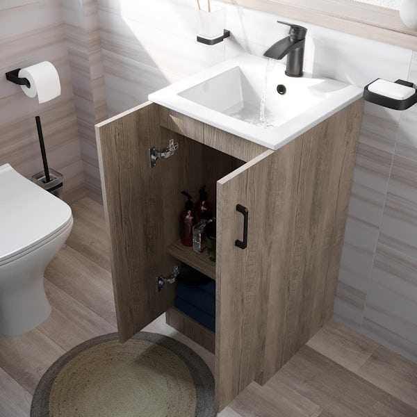 Orchard Lea oak floorstanding vanity unit with black handle 420mm and Derwent square close coupled toilet suite