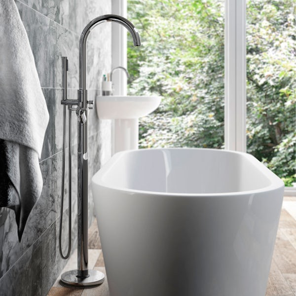 Mode Hardy freestanding single ended slipper bath with contemporary freestanding bath tap 1710 x 800