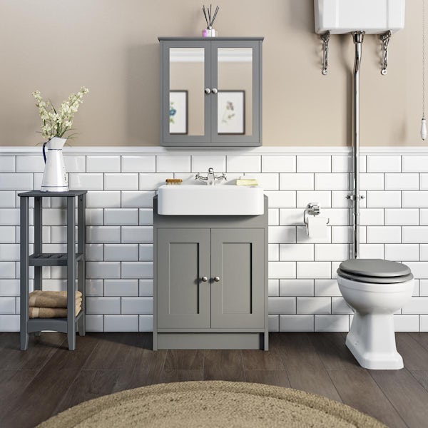 The Bath Co. Camberley satin grey floorstanding vanity unit and semi-recessed basin 600mm