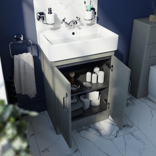 The Bath Co. Aylesford pebble grey furniture suite with toilet and tap